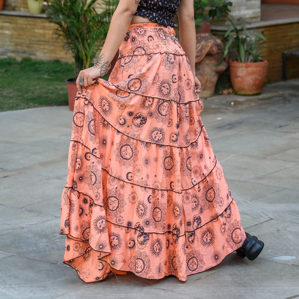 Celestial Sun Moon Print Flowy Tiered Bohemian Skirt - Picture 7 of 7